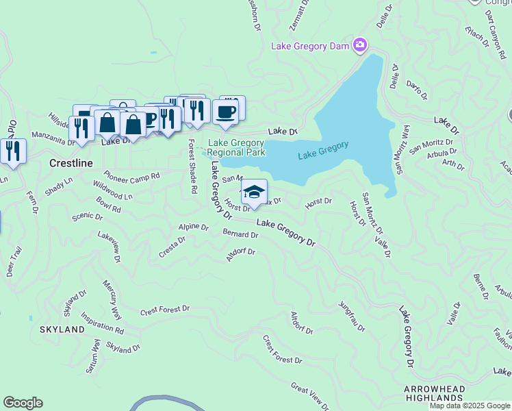 map of restaurants, bars, coffee shops, grocery stores, and more near 24250 Horst Drive in Crestline