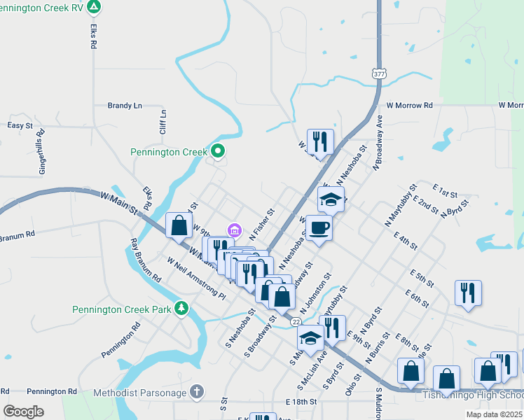 map of restaurants, bars, coffee shops, grocery stores, and more near 402 West 6th Street in Tishomingo