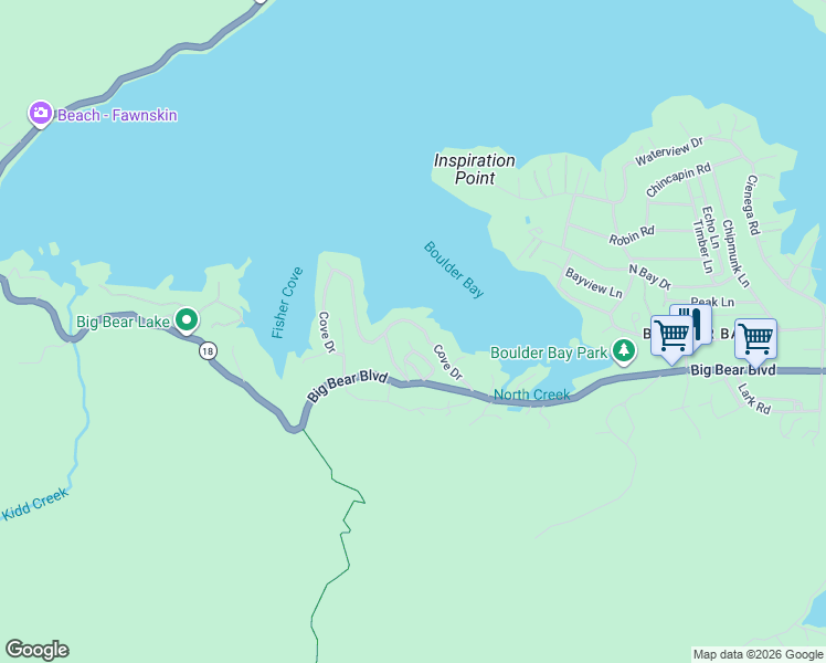 map of restaurants, bars, coffee shops, grocery stores, and more near 772 Cove Drive in Big Bear Lake