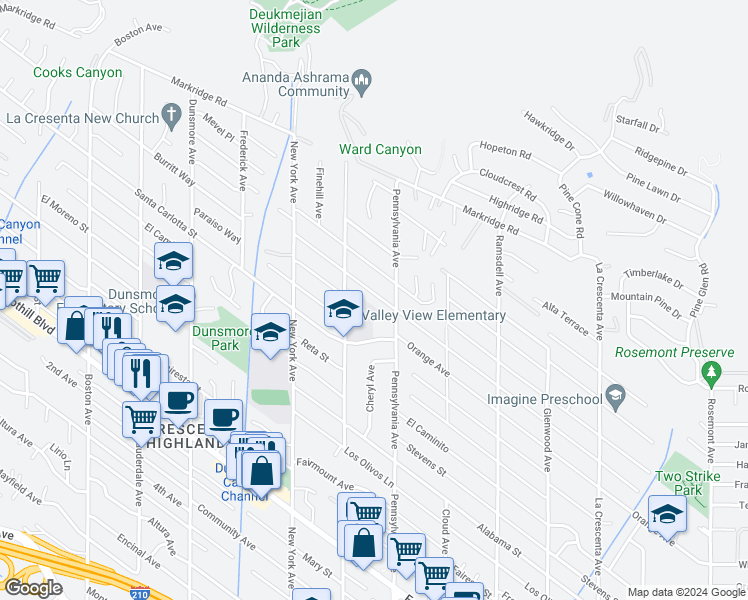 map of restaurants, bars, coffee shops, grocery stores, and more near 3222 Brookhill Street in Glendale