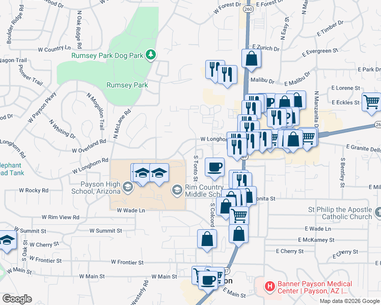map of restaurants, bars, coffee shops, grocery stores, and more near 121 South Tonto Street in Payson