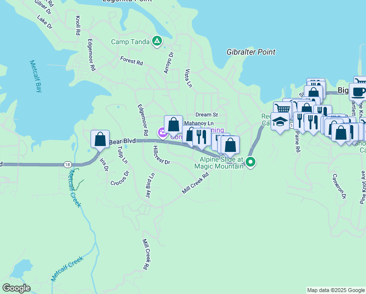 map of restaurants, bars, coffee shops, grocery stores, and more near 40130 Guinan Lane in Big Bear Lake