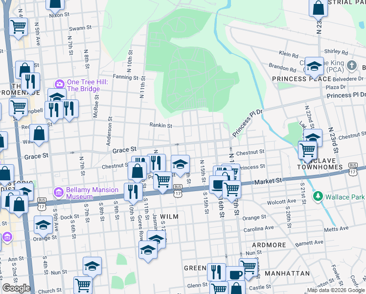 map of restaurants, bars, coffee shops, grocery stores, and more near 307 North 14th Street in Wilmington