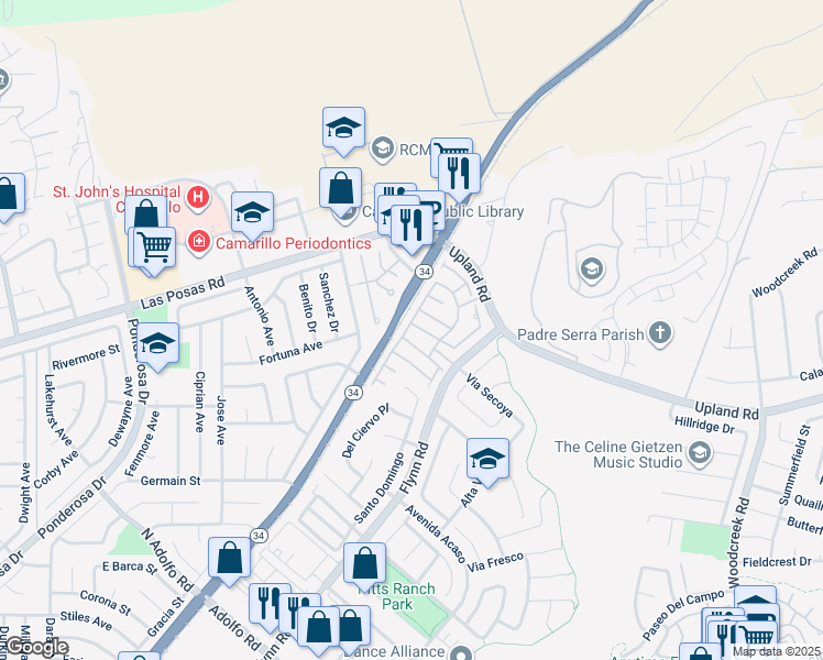 map of restaurants, bars, coffee shops, grocery stores, and more near 4458 Via Arandana in Camarillo