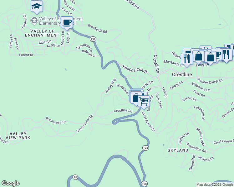 map of restaurants, bars, coffee shops, grocery stores, and more near 757 North Village Lane in Crestline