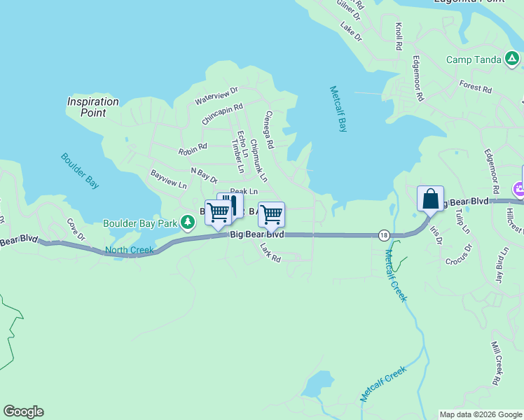 map of restaurants, bars, coffee shops, grocery stores, and more near 39298 Willow Landing Road in Big Bear Lake