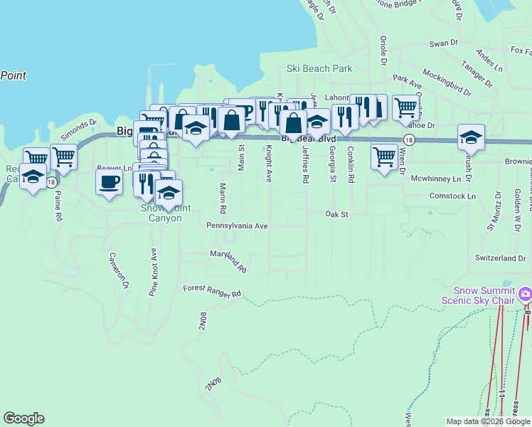 map of restaurants, bars, coffee shops, grocery stores, and more near 708 Knight Avenue in Big Bear Lake