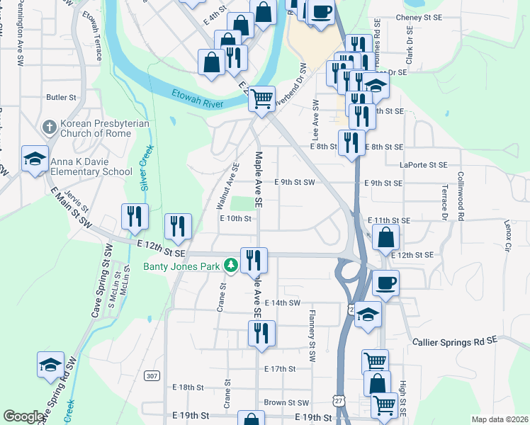 map of restaurants, bars, coffee shops, grocery stores, and more near 917 Maple Avenue Southwest in Rome