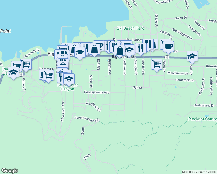 map of restaurants, bars, coffee shops, grocery stores, and more near 708 Knight Avenue in Big Bear Lake
