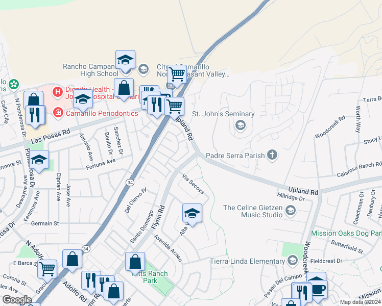 map of restaurants, bars, coffee shops, grocery stores, and more near 2134 Via Arandana in Camarillo