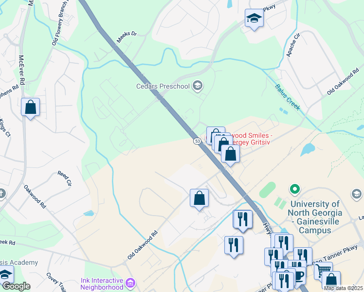 map of restaurants, bars, coffee shops, grocery stores, and more near 900 Oakwood Community Circle in Oakwood