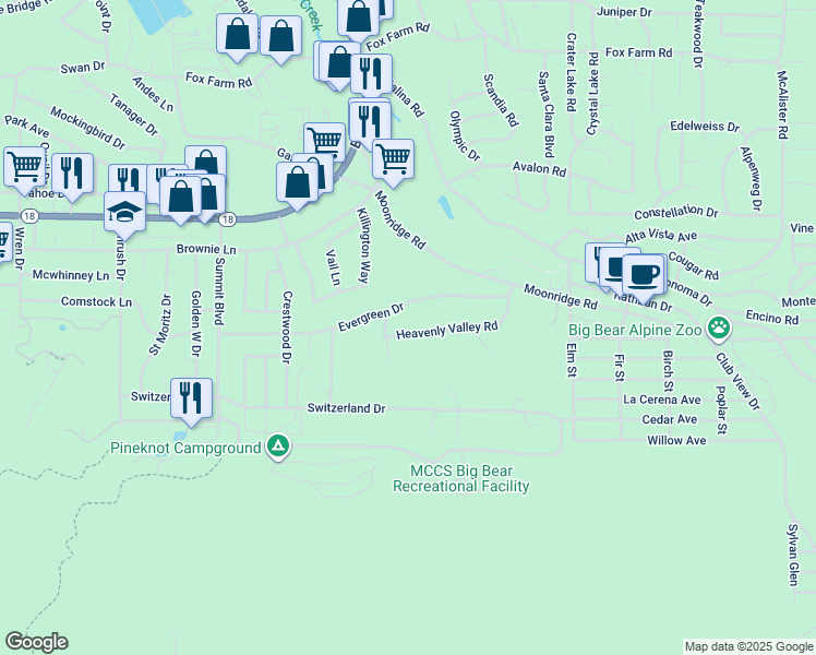 map of restaurants, bars, coffee shops, grocery stores, and more near 42218 Heavenly Valley Road in Big Bear Lake