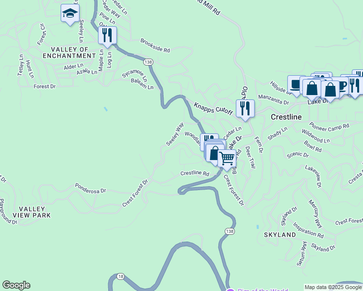 map of restaurants, bars, coffee shops, grocery stores, and more near 745 North Village Lane in Crestline