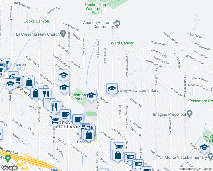 map of restaurants, bars, coffee shops, grocery stores, and more near 3331 Paraiso Way in Glendale