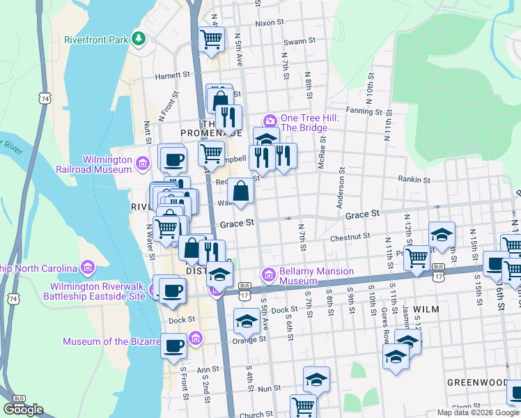map of restaurants, bars, coffee shops, grocery stores, and more near 513 Walnut Street in Wilmington