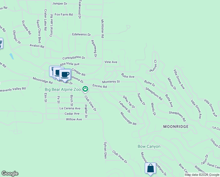 map of restaurants, bars, coffee shops, grocery stores, and more near 42955 Encino Road in Big Bear Lake