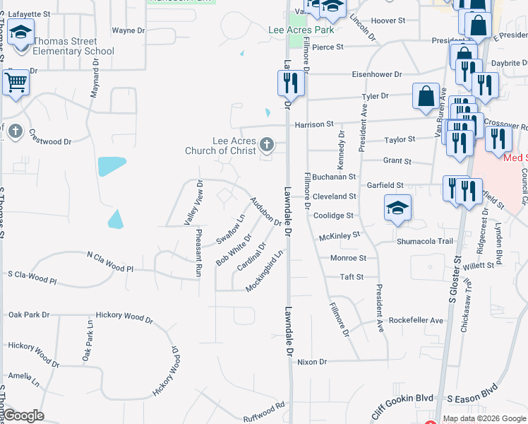 map of restaurants, bars, coffee shops, grocery stores, and more near 1800 Bob White Drive in Tupelo