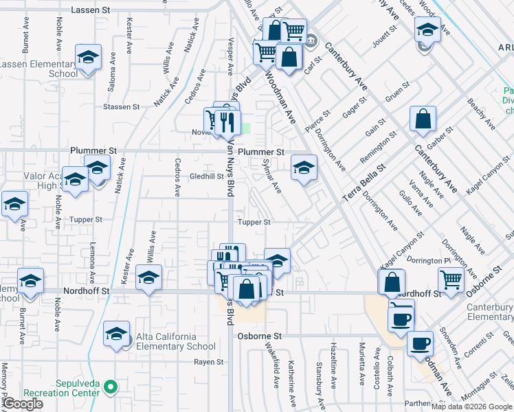map of restaurants, bars, coffee shops, grocery stores, and more near 14501 Tupper Street in Los Angeles