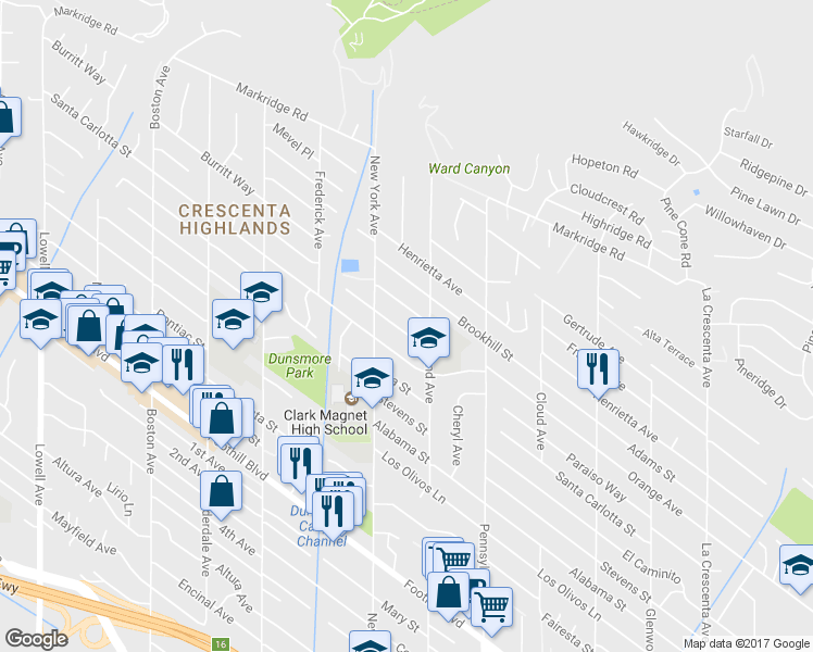 map of restaurants, bars, coffee shops, grocery stores, and more near 3331 Paraiso Way in Glendale