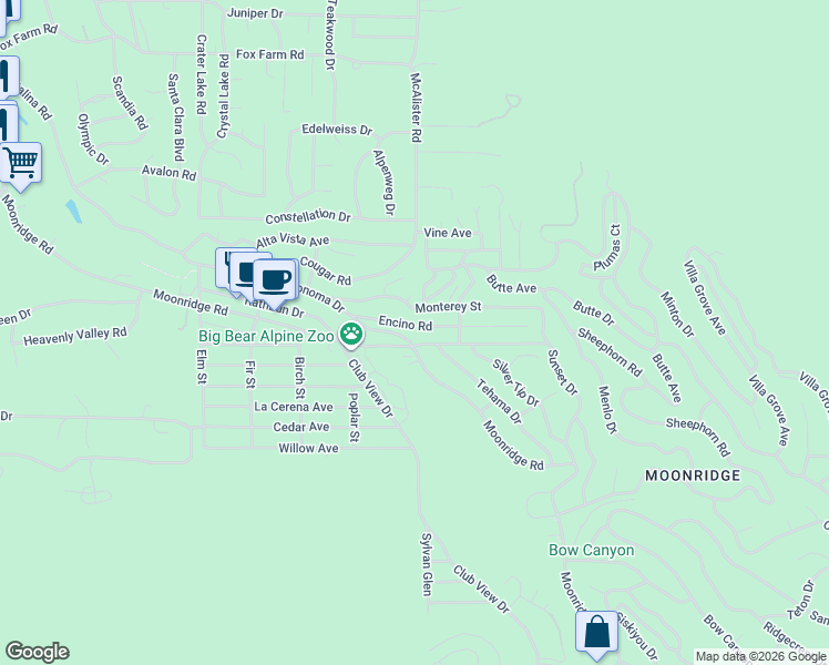 map of restaurants, bars, coffee shops, grocery stores, and more near 42889 Monterey Street in Big Bear Lake
