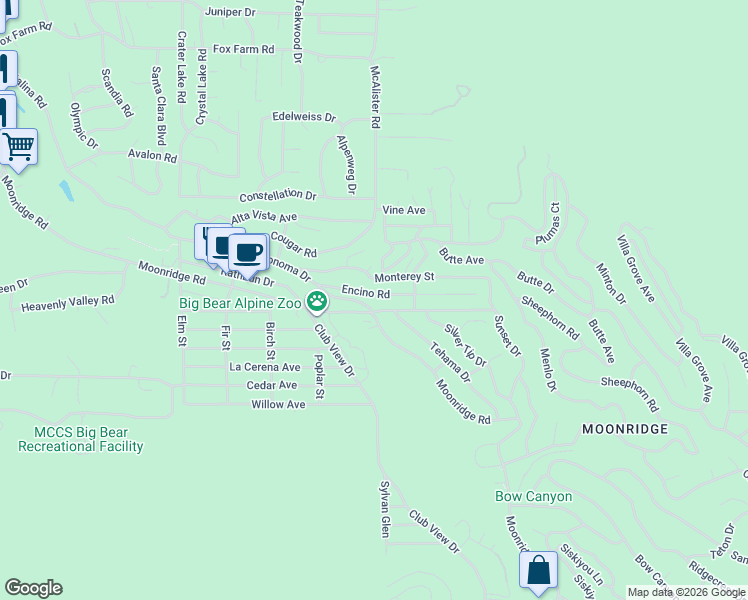 map of restaurants, bars, coffee shops, grocery stores, and more near 42897 Encino Road in Big Bear Lake