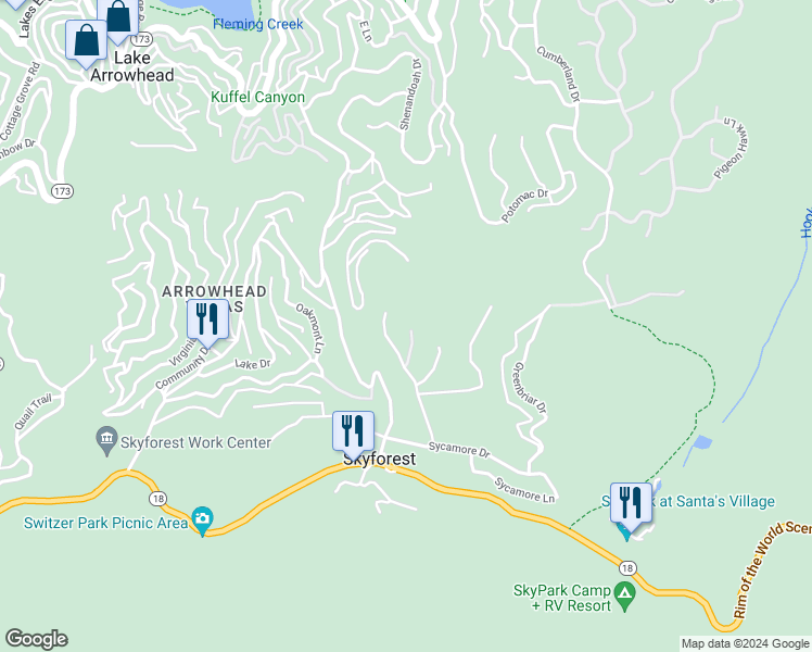 map of restaurants, bars, coffee shops, grocery stores, and more near 735 Oak Road in Skyforest