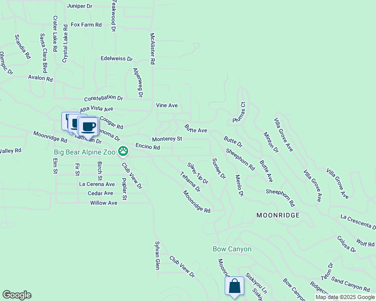 map of restaurants, bars, coffee shops, grocery stores, and more near 43025 Monterey Street in Big Bear Lake