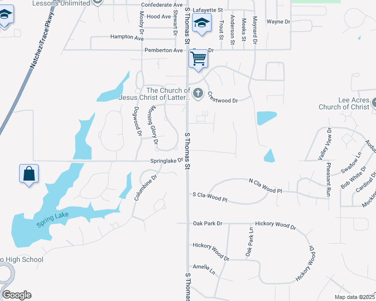 map of restaurants, bars, coffee shops, grocery stores, and more near 1201 Quail Creek Road in Tupelo