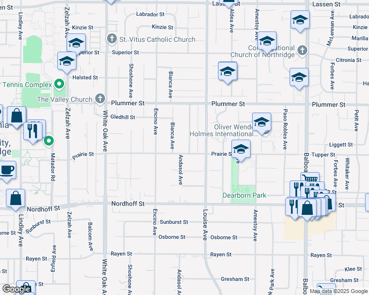 map of restaurants, bars, coffee shops, grocery stores, and more near 9330 Bianca Avenue in Los Angeles