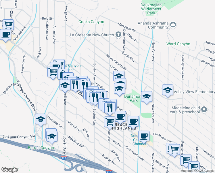 map of restaurants, bars, coffee shops, grocery stores, and more near 3702 Los Olivos Lane in Glendale