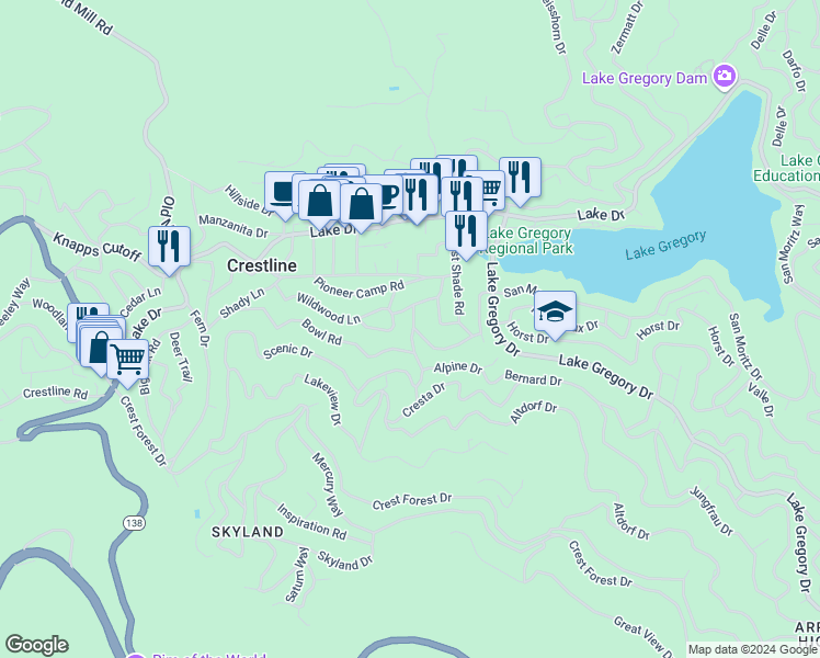 map of restaurants, bars, coffee shops, grocery stores, and more near 24018 Bowl Road in Crestline