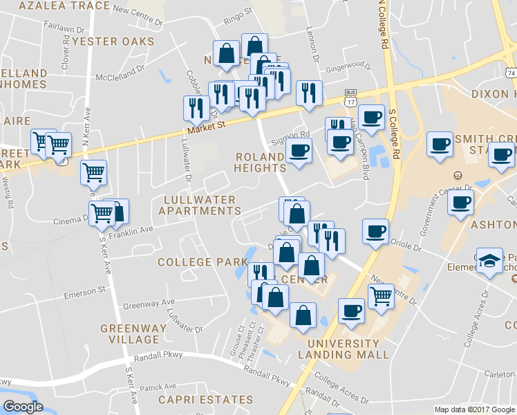 map of restaurants, bars, coffee shops, grocery stores, and more near 118 Dapple Court in Wilmington