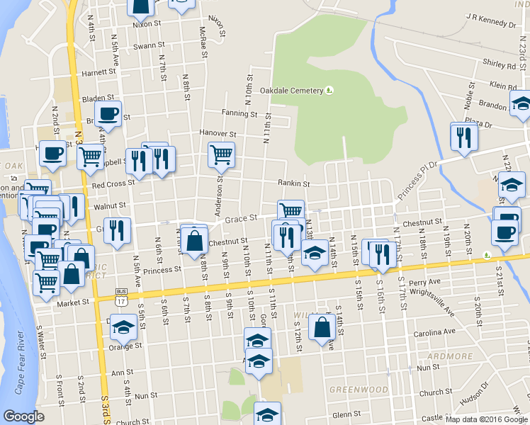 map of restaurants, bars, coffee shops, grocery stores, and more near 1101 Walnut Street in Wilmington