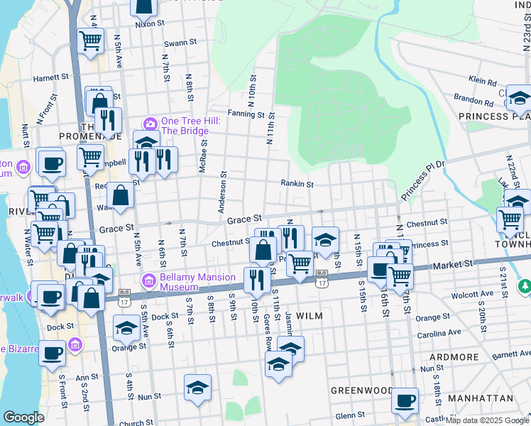 map of restaurants, bars, coffee shops, grocery stores, and more near 1101 Walnut Street in Wilmington