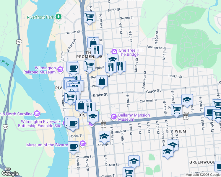 map of restaurants, bars, coffee shops, grocery stores, and more near 513 Walnut Street in Wilmington