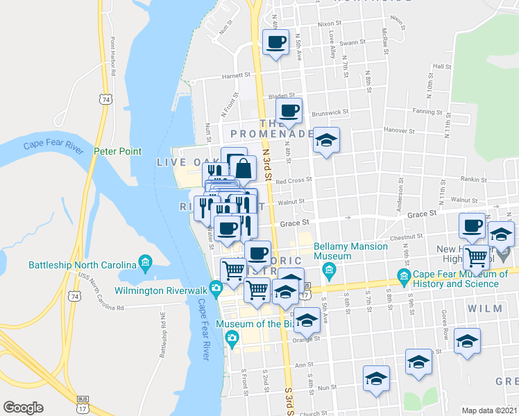 map of restaurants, bars, coffee shops, grocery stores, and more near 408 North 2nd Street in Wilmington