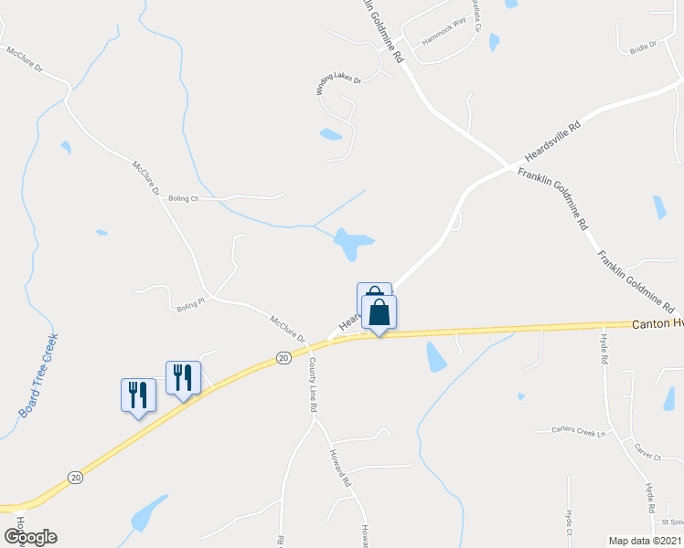 map of restaurants, bars, coffee shops, grocery stores, and more near Smithbriar Drive in Cumming