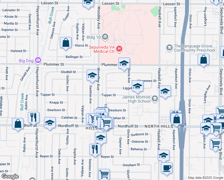 map of restaurants, bars, coffee shops, grocery stores, and more near 16110 Liggett Street in Los Angeles