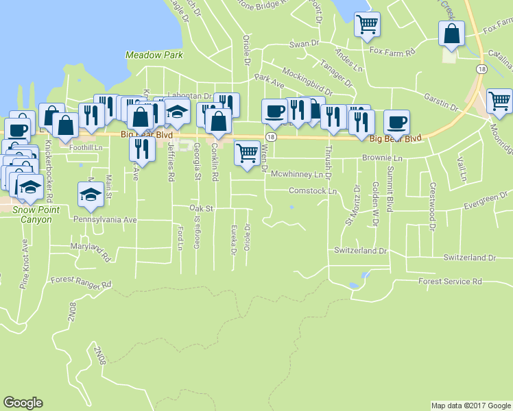 map of restaurants, bars, coffee shops, grocery stores, and more near 41496 Oak Street in Big Bear Lake