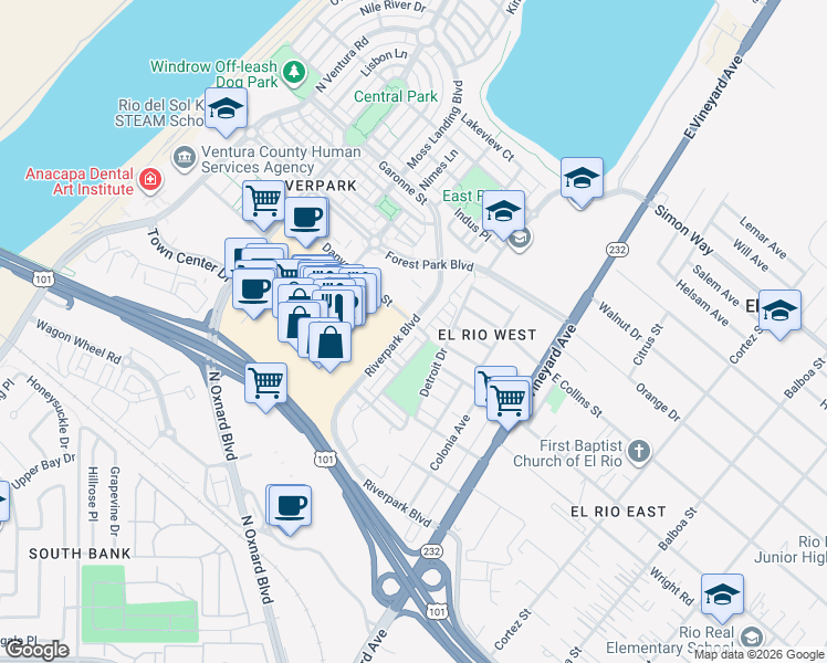map of restaurants, bars, coffee shops, grocery stores, and more near 382 Danvers River Street in Oxnard