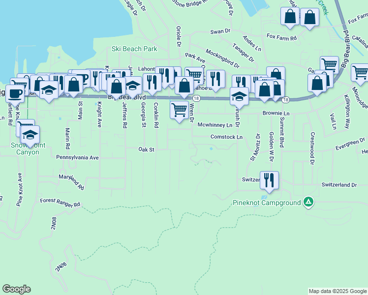 map of restaurants, bars, coffee shops, grocery stores, and more near 41490 Oak Street in Big Bear Lake