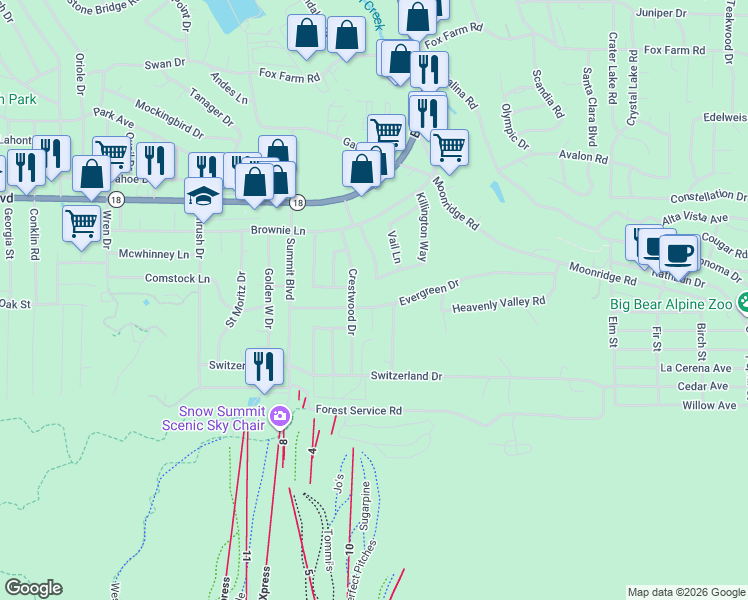 map of restaurants, bars, coffee shops, grocery stores, and more near 42046 Evergreen Drive in Big Bear Lake