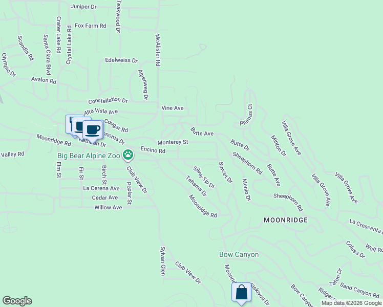 map of restaurants, bars, coffee shops, grocery stores, and more near 43035 Encino Road in Big Bear Lake