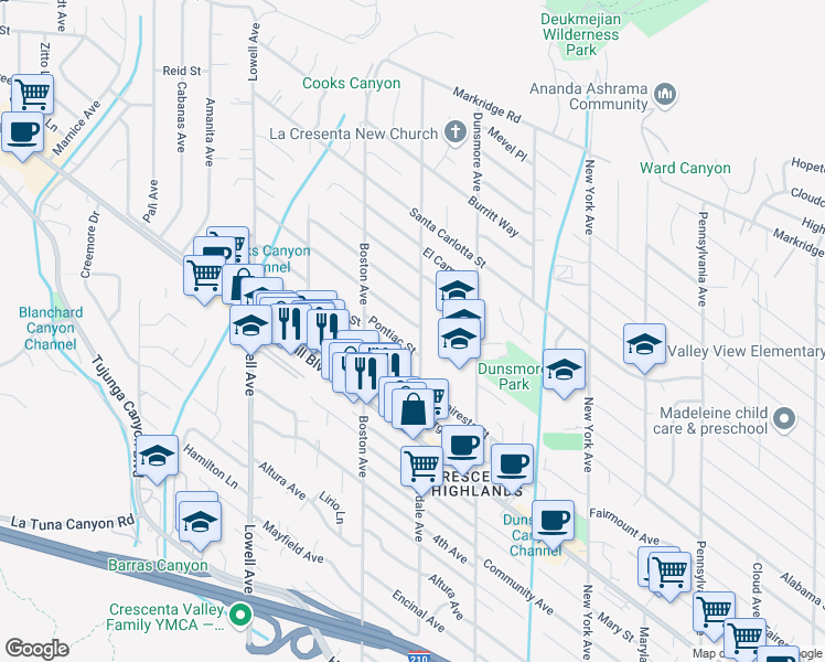 map of restaurants, bars, coffee shops, grocery stores, and more near 3702 Los Olivos Lane in Glendale