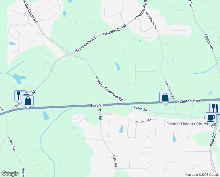 map of restaurants, bars, coffee shops, grocery stores, and more near 4302 Franklin Goldmine Road in Cumming