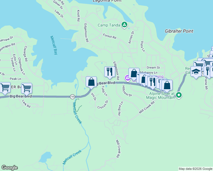 map of restaurants, bars, coffee shops, grocery stores, and more near 108 West Big Bear Boulevard in Big Bear