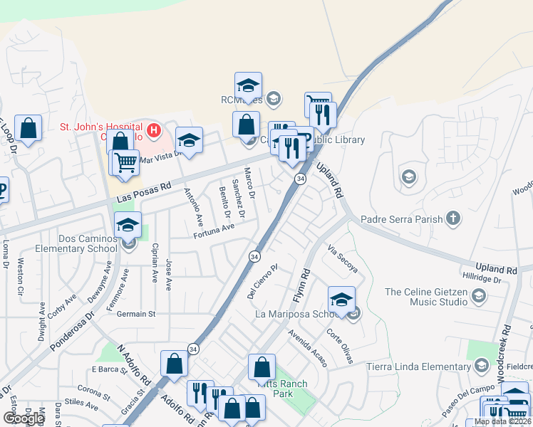 map of restaurants, bars, coffee shops, grocery stores, and more near 2105 Avenida San Antero in Camarillo