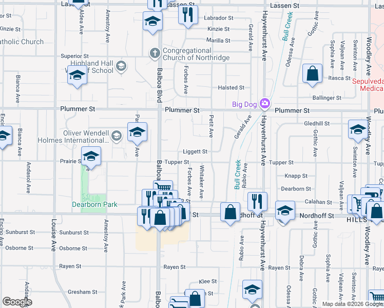 map of restaurants, bars, coffee shops, grocery stores, and more near 16842 Liggett Street in Los Angeles