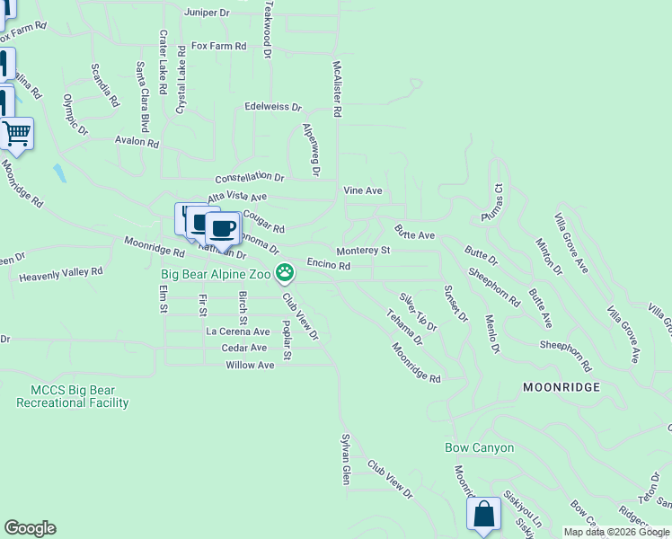 map of restaurants, bars, coffee shops, grocery stores, and more near 42897 Encino Road in Big Bear Lake