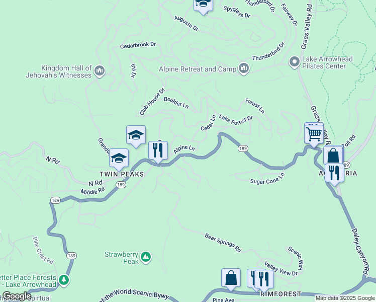 map of restaurants, bars, coffee shops, grocery stores, and more near 26243 Alpine Lane in Twin Peaks